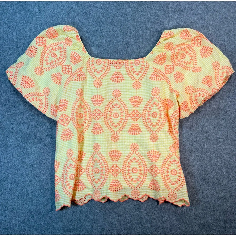Lilly Pulitzer Lettie Eyelet Top XL Calla Yellow Gingham Seersucker Puff Sleeve